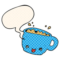 cartoon cup of coffee and speech bubble in comic book style
