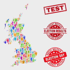 Electoral United Kingdom map and seal stamps. Red rectangular Test distress seal. Bright United Kingdom map mosaic of upwards agree arms. Vector composition for election day, and ballot results.