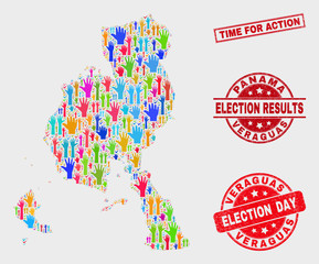Ballot Veraguas Province map and watermarks. Red rectangle Time for Action grunge seal stamp. Colored Veraguas Province map mosaic of upwards election hands. Vector combination for election day,