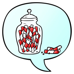 cartoon traditional candy sticks in jar and speech bubble in smooth gradient style