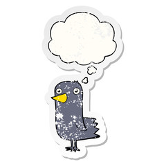 cartoon bird and thought bubble as a distressed worn sticker