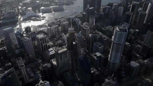 Aerial Pan Up: Sydney City At Sunrise, Boats In Water, Sydney, Australia