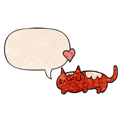 cartoon cat and speech bubble in retro texture style