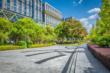 Green park next to business center buildings detail. Healthy greenery with modern glass high rising skyscrapers and blue sky background. Abstract urban development and architecture wallpaper.