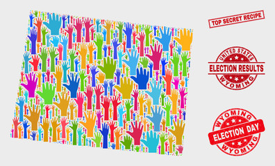 Ballot Wyoming State map and seal stamps. Red rectangle Top Secret Recipe scratched seal stamp. Colored Wyoming State map mosaic of upwards election hands. Vector collage for election day,