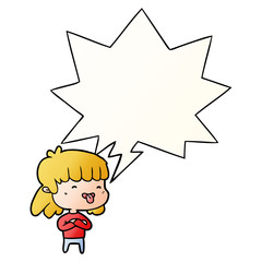 cartoon girl sticking out tongue and speech bubble in smooth gradient style