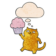 cartoon cat with cupcake and thought bubble in grunge texture pattern style