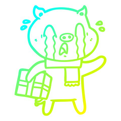 cold gradient line drawing crying pig cartoon delivering christmas present