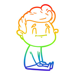rainbow gradient line drawing happy cartoon man sitting on floor