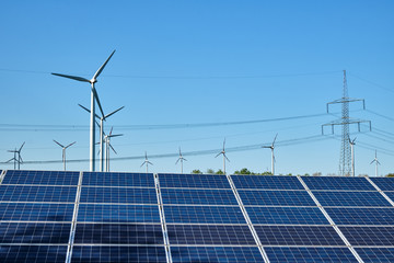 Solar panels, wind turbines and overhead power lines seen in Germany