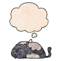 cartoon cat and thought bubble in grunge texture pattern style