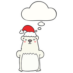 cartoon bear wearing christmas hat and thought bubble