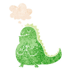 cartoon dinosaur and thought bubble in retro textured style