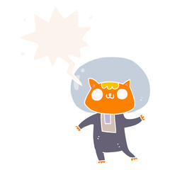 cartoon space cat and speech bubble in retro style