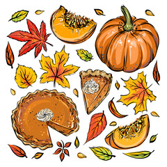 Vector set with leaves, pumpkins and pies - 275574673