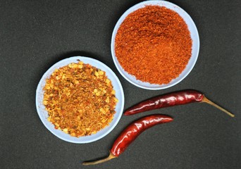 Chilly Powder in wooden bowl and dry Chilly