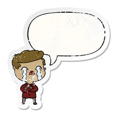 cartoon man crying and speech bubble distressed sticker