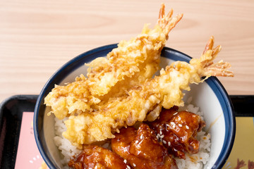 Rice shrimp tempura and fried chicken of Japan.