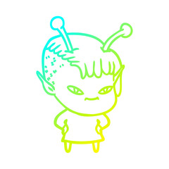 cold gradient line drawing cute cartoon alien girl