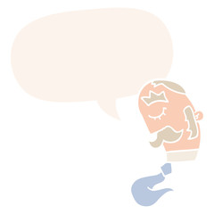 cartoon man and mustache and speech bubble in retro style