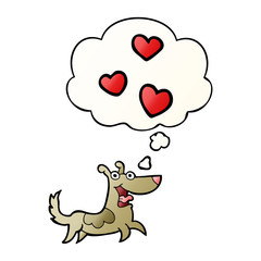 cartoon dog with love hearts and thought bubble in smooth gradient style