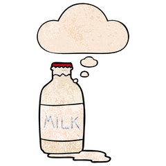 cartoon milk bottle and thought bubble in grunge texture pattern style