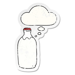 cartoon milk bottle and thought bubble as a distressed worn sticker
