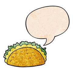 cartoon taco and speech bubble in retro texture style