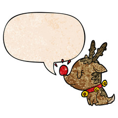 cartoon christmas reindeer and speech bubble in retro texture style