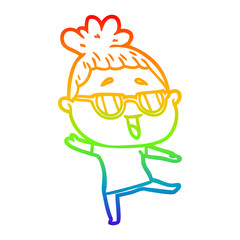 rainbow gradient line drawing cartoon happy woman wearing spectacles