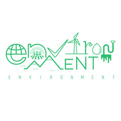 Environment typographic design. Pictorial symbol. Surroundings and human activities presented in pictorial form. Vector illustration outline flat design style.