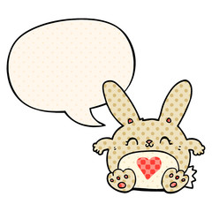 cute cartoon rabbit and love heart and speech bubble in comic book style