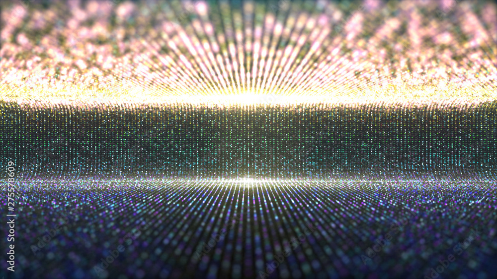 Poster Futuristic abstract glittering moving particles and elegance lights pattern for stage performance show and video jockey background and screensaver