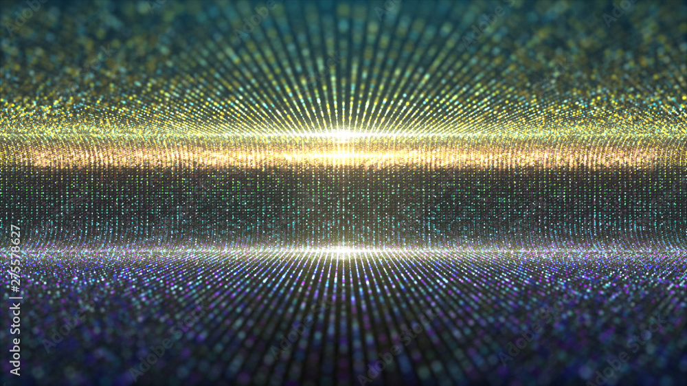 Poster Futuristic abstract glittering moving particles and elegance lights pattern for stage performance show and video jockey background and screensaver