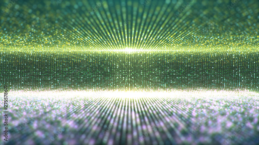 Poster Futuristic abstract glittering moving particles and elegance lights pattern for stage performance show and video jockey background and screensaver