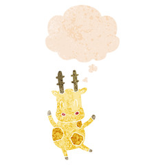 cute cartoon giraffe and thought bubble in retro textured style