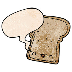 cute cartoon slice of bread and speech bubble in retro texture style