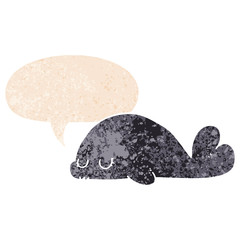 cute cartoon seal and speech bubble in retro textured style
