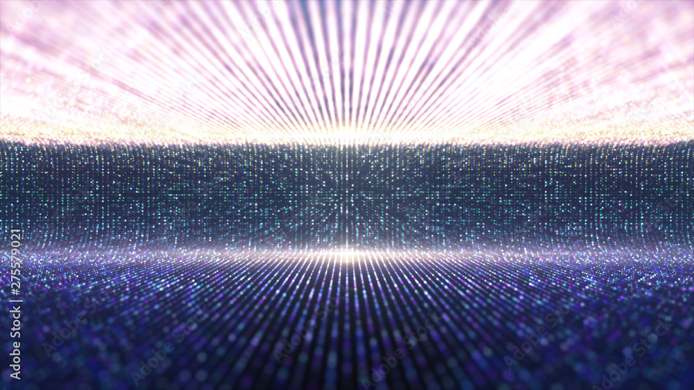 Poster Futuristic abstract glittering moving particles and elegance lights pattern for stage performance show and video jockey background and screensaver
