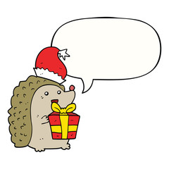cartoon hedgehog wearing christmas hat and speech bubble