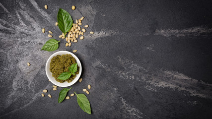Pesto sause with basil leaves and pine nuts