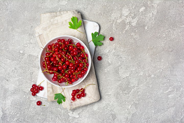 Fresh red currant berry in white bowl on gray
