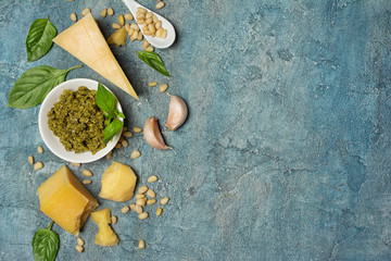 Top view of ingredients for pesto sauce