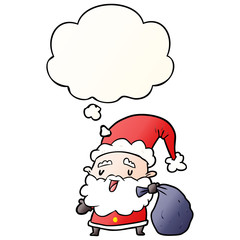 cartoon santa claus with sack and thought bubble in smooth gradient style