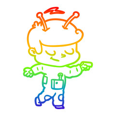 rainbow gradient line drawing friendly cartoon spaceman pointing