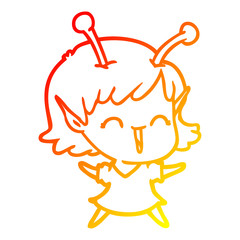warm gradient line drawing cartoon alien girl laughing