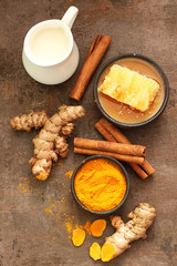 Ingredients for turmeric golden milk.