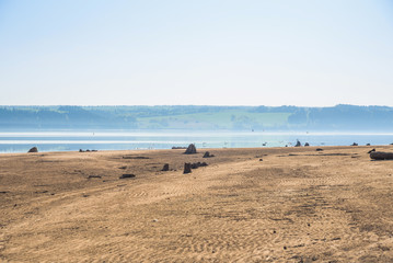 Small water on the river in the spring before the flood, stumps, snags on the bottom.