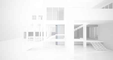 Abstract architectural white interior of a minimalist house with large windows.. 3D illustration and rendering.