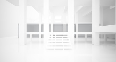 Abstract architectural white interior of a minimalist house with large windows.. 3D illustration and rendering.